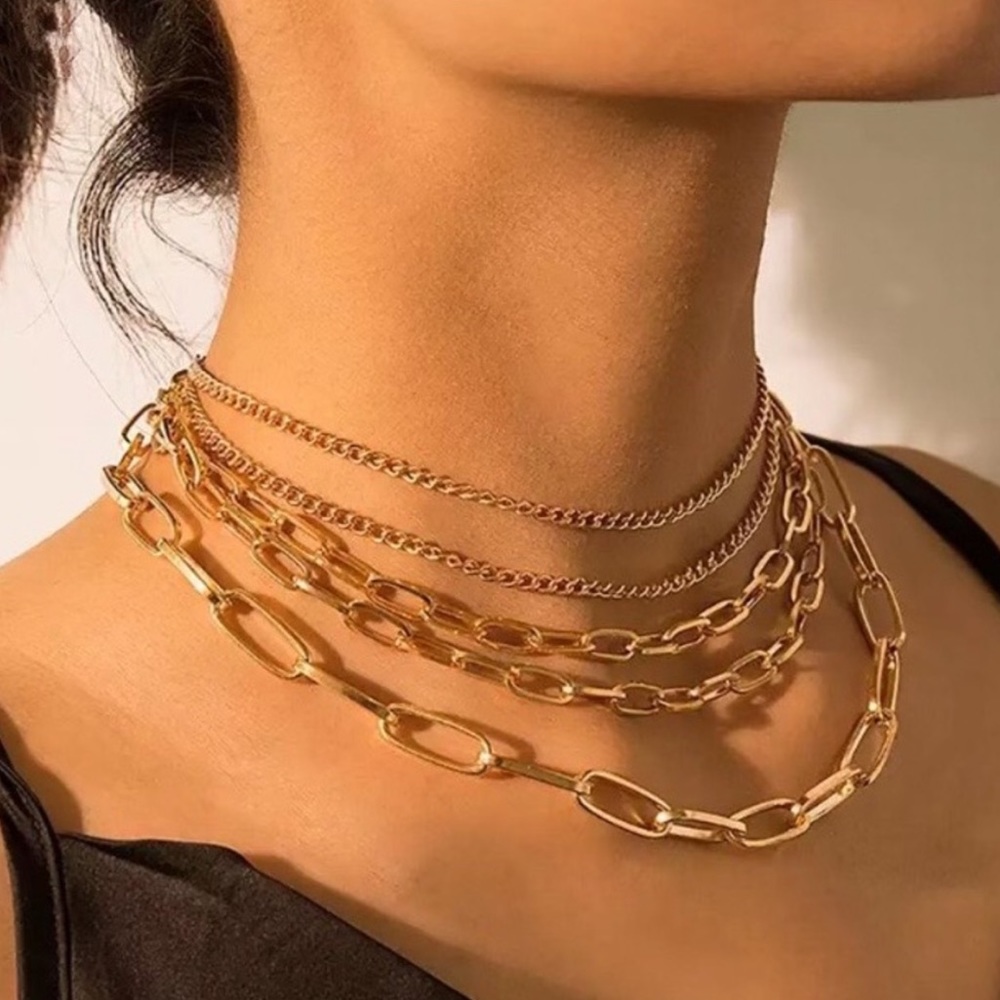 18K GOLD MULTI LAYERED CHAIN PUNK CHOKER NECKLACE